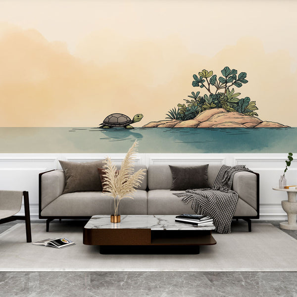 Turtle and Islet Wallpaper | Playful Pastel Sea Mural