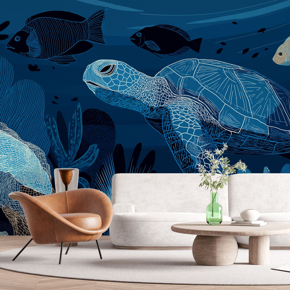 Sea Turtle Wallpaper | Artistic Turtle and Coral in Deep Blue