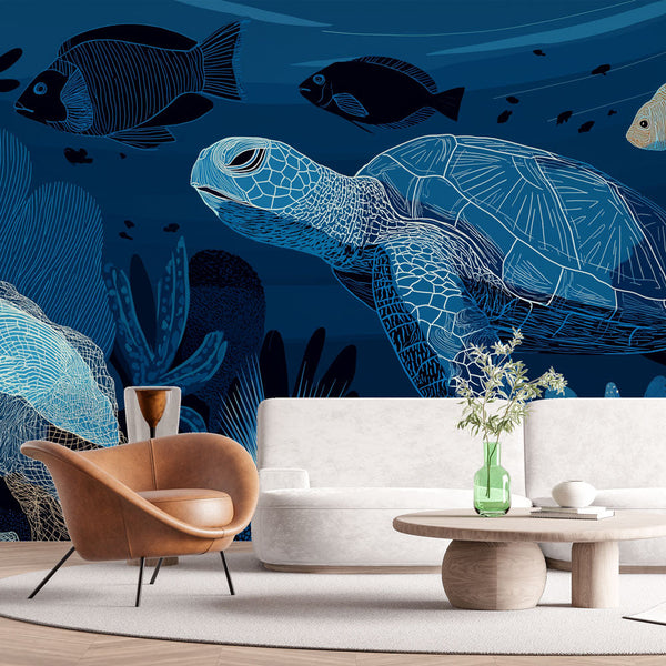Sea Turtle Wallpaper | Artistic Turtle and Coral in Deep Blue