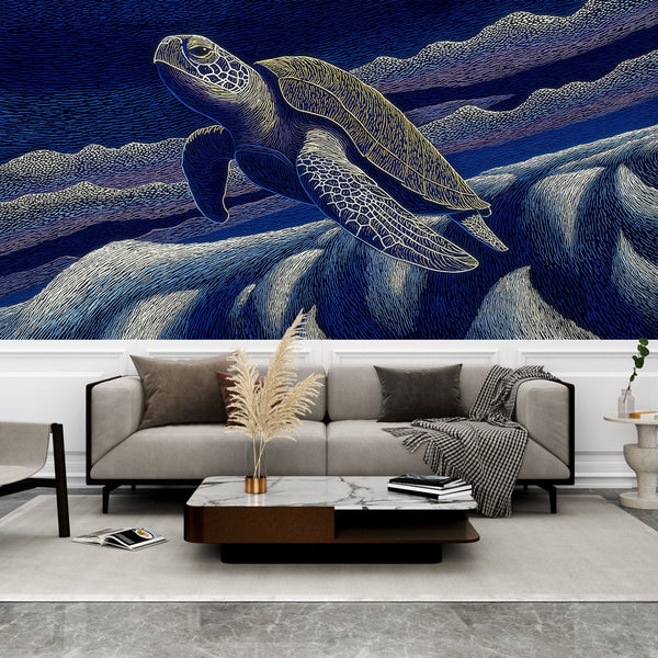 Sea Turtle Wallpaper | Graceful Turtle in Deep Night Waters