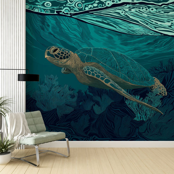 Ocean Turtle Wallpaper | Colorful Underwater Scene Wall Mural