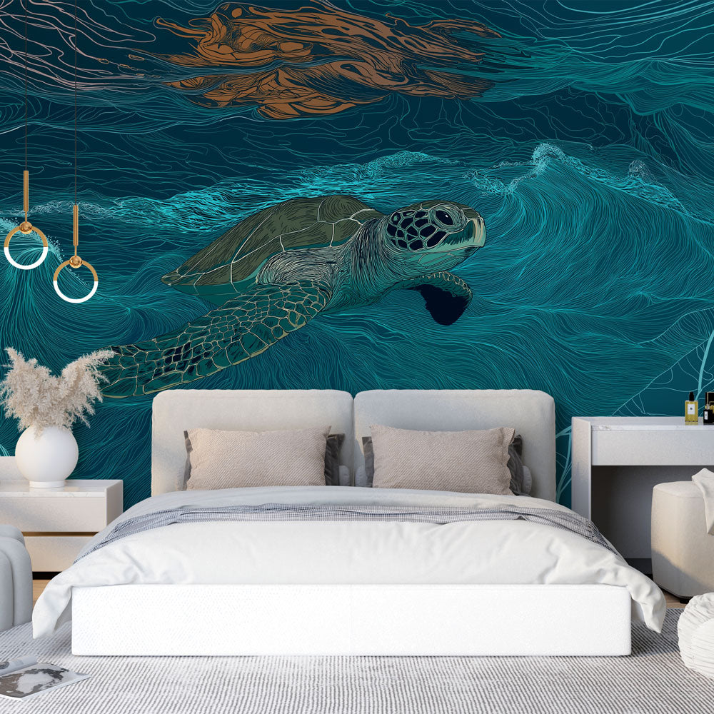 Turquoise Turtle Wallpaper | Line Art Ocean Wave Wall Mural