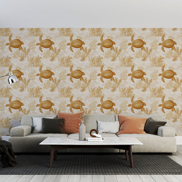 Sea Turtle Wallpaper | Golden Coral Reef Wall Mural
