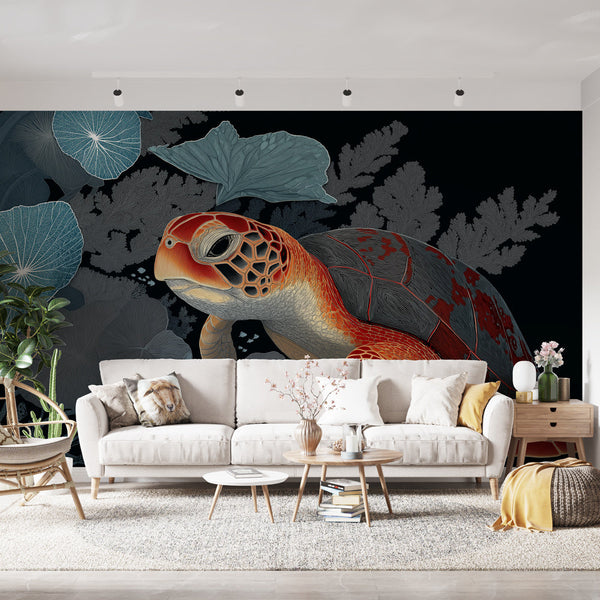 Sea Turtle Wallpaper | Vivid Turtle Among Aquatic Patterns