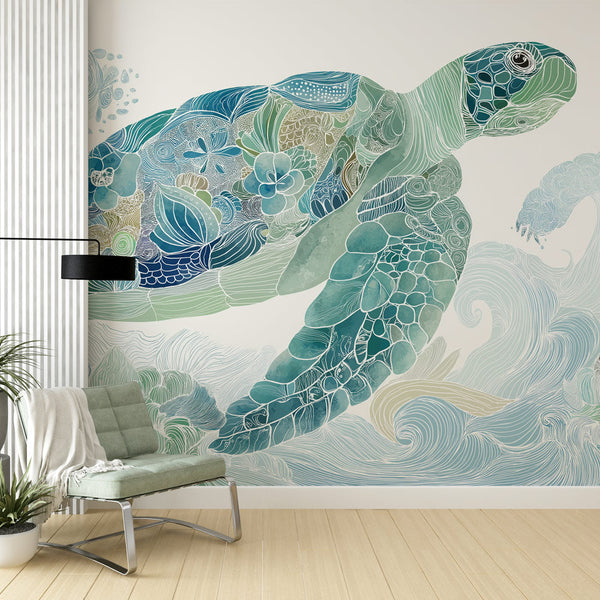 Sea Turtle Wallpaper | Turtle Among Waves and Floral Motifs