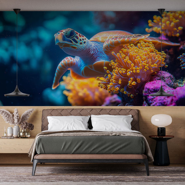 Sea turtle wallpaper | Turtle and coral reef wall mural design