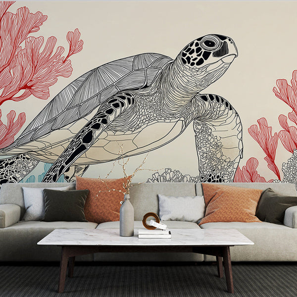 Sea Turtle Wallpaper | Stylized Turtle Swimming Among Corals