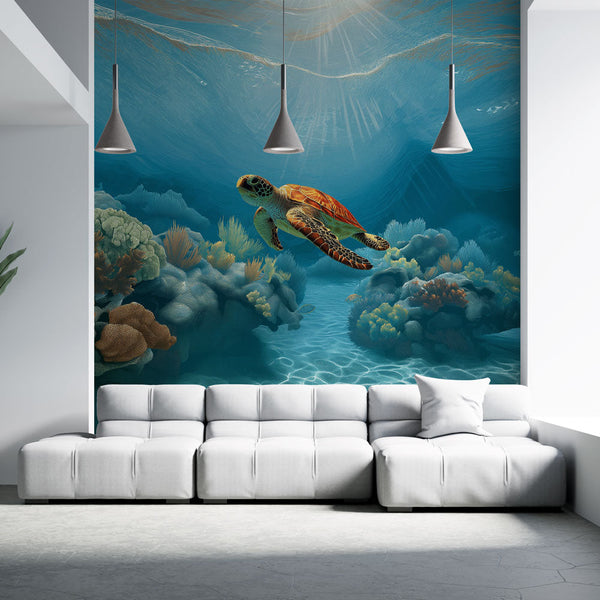 Turtle and Coral Wallpaper | Crystal Blue Ocean Wall Mural