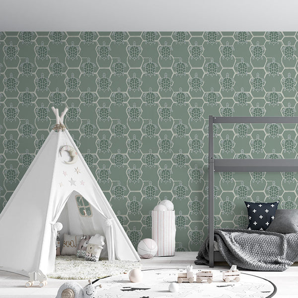 Turtle Wallpaper | Elegant Hexagon Turtle Motif in Green