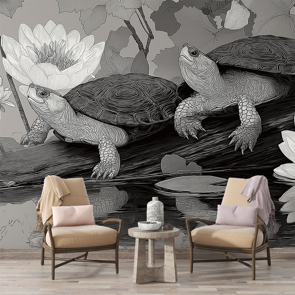 Turtle Wallpaper | Elegant Line Turtles and Water Lilies