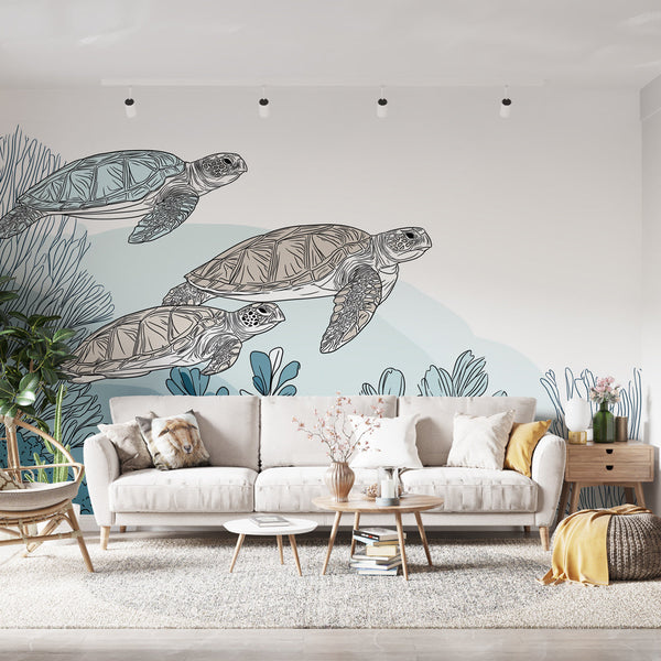 Sea Turtle Wallpaper | Stylized Turtles Swimming Among Corals