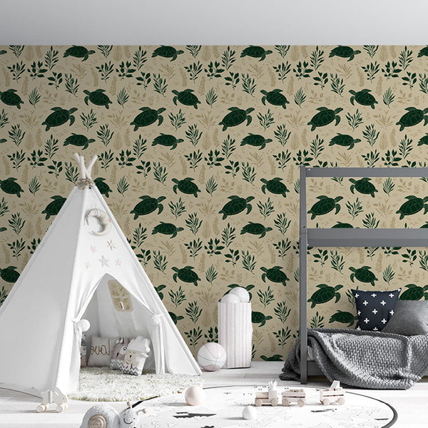 Sea Turtle Wallpaper | Green Foliage Beige Wall Mural