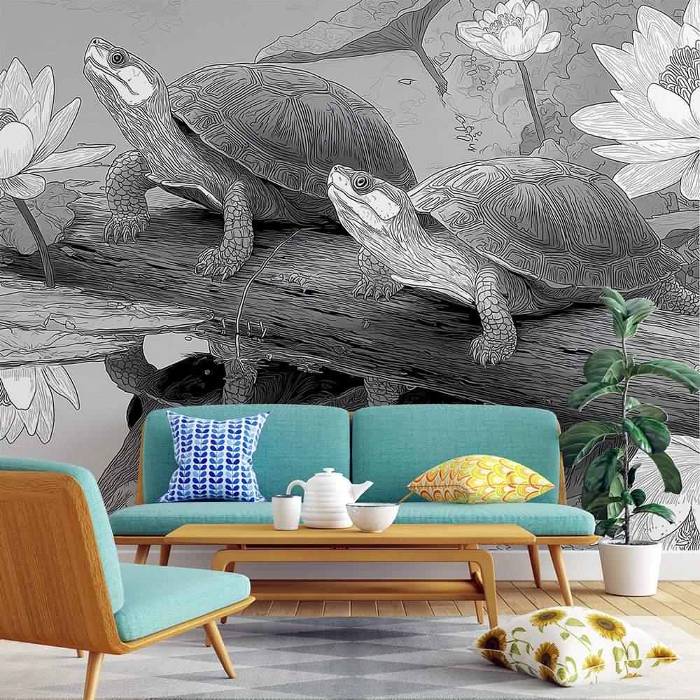 Turtle Wallpaper | Turtles on a Log Among Water Lilies