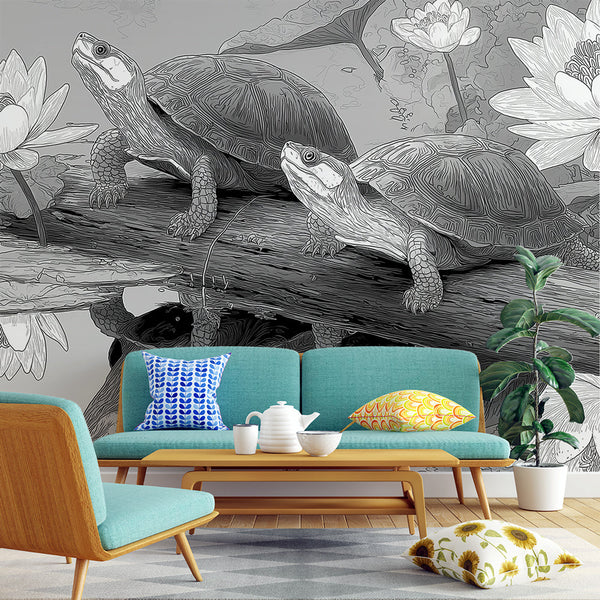 Turtle Wallpaper | Turtles on a Log Among Water Lilies
