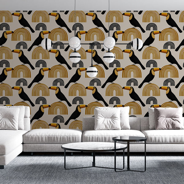 Toucan and Rainbow Wallpaper | Golden Beige Wall Mural