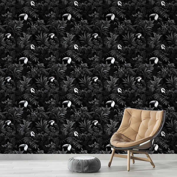 Toucan and Foliage Wallpaper | Black and White Jungle Print