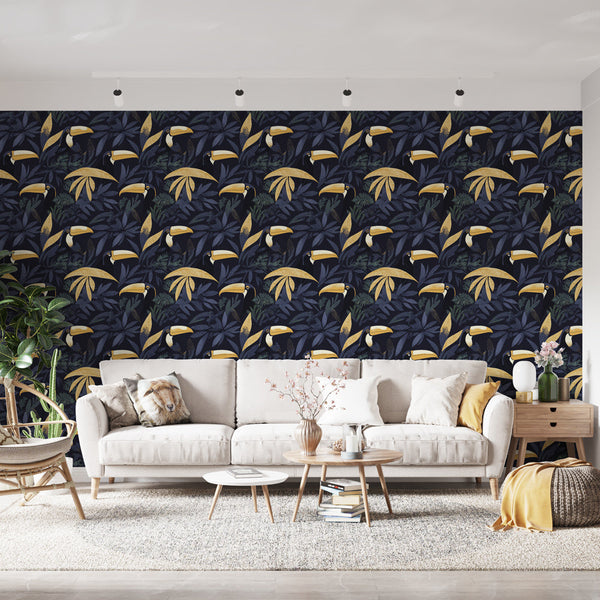 Toucan and Foliage Wallpaper | Vivid Tropical Print on Dark