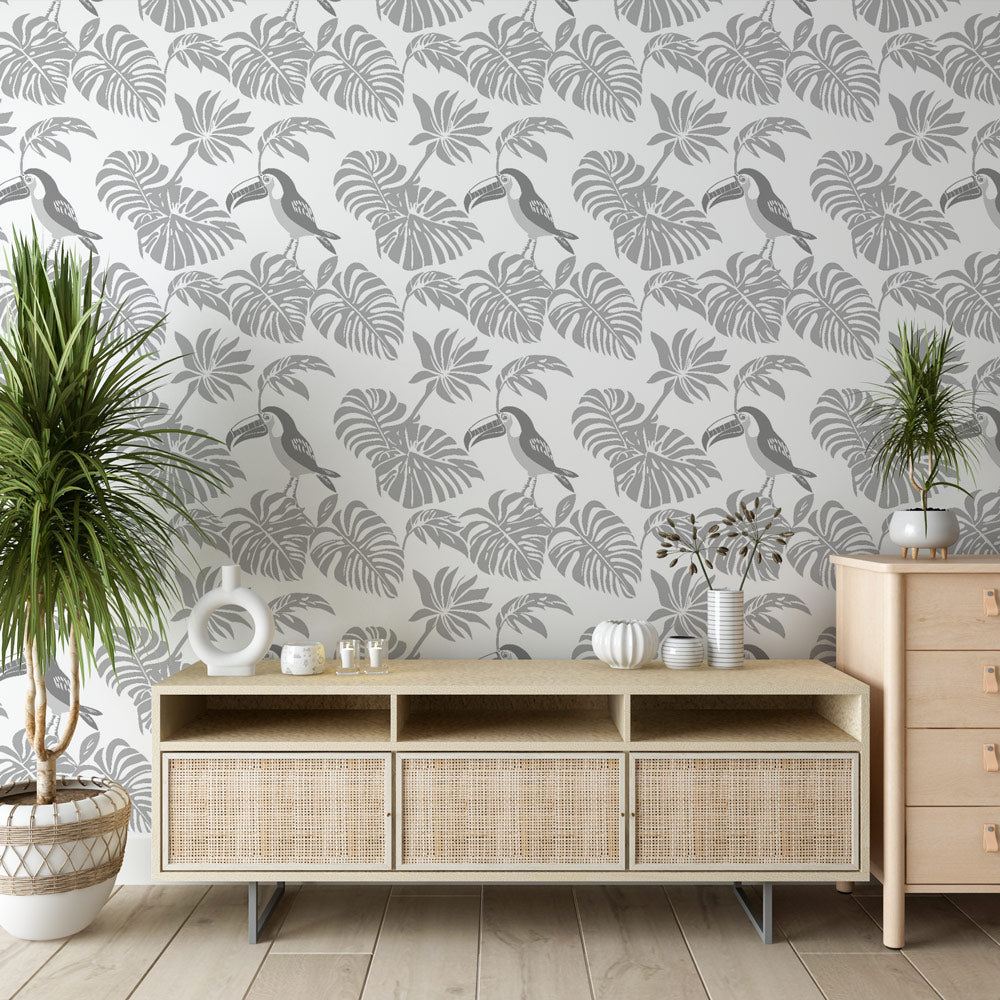 Toucan and Foliage Wallpaper | Tropical Pattern in Grey