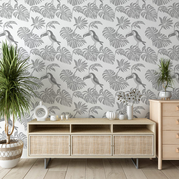 Toucan and Foliage Wallpaper | Tropical Pattern in Grey