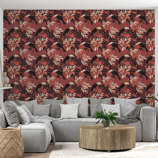 Toucan and Foliage Wallpaper | Tropical Birds on Deep Red