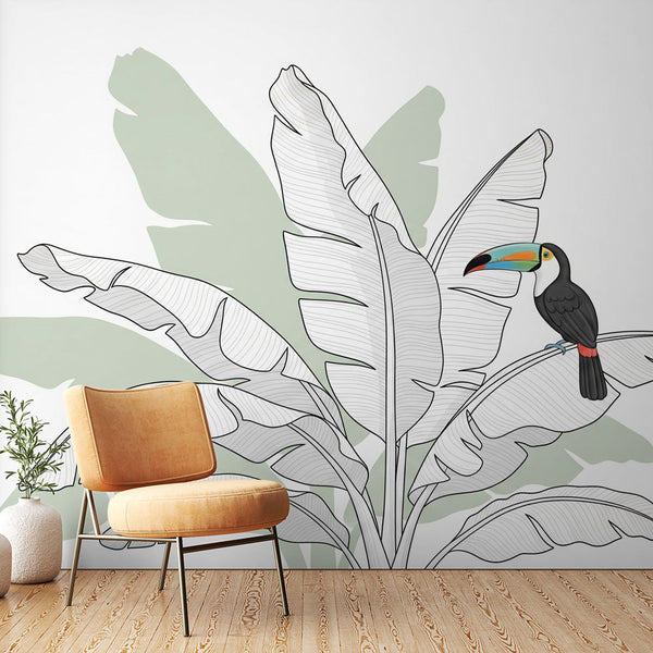 Toucan Wall Mural | Tropical Leaf Wallpaper in Line Art
