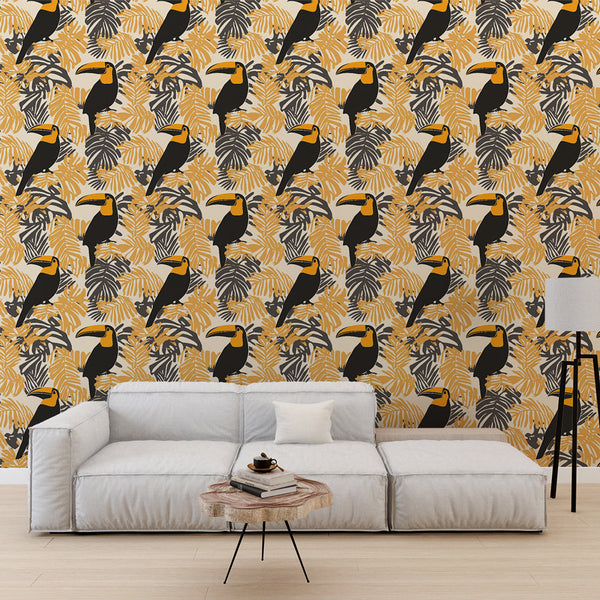 Toucan and Tropical Leaf Wallpaper | Black and Gold Print