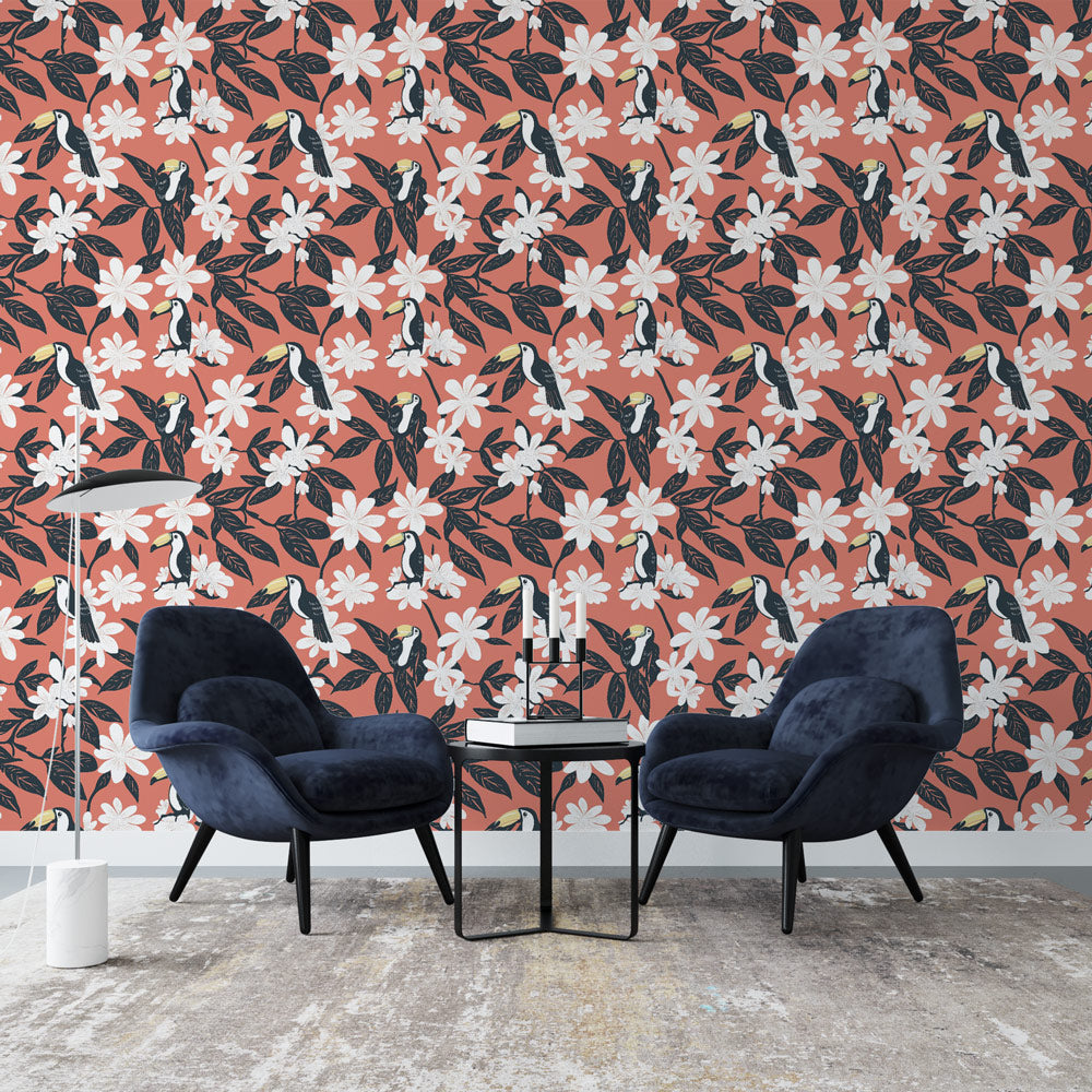Toucan Wallpaper | White Blooms on a Warm Coral Ground