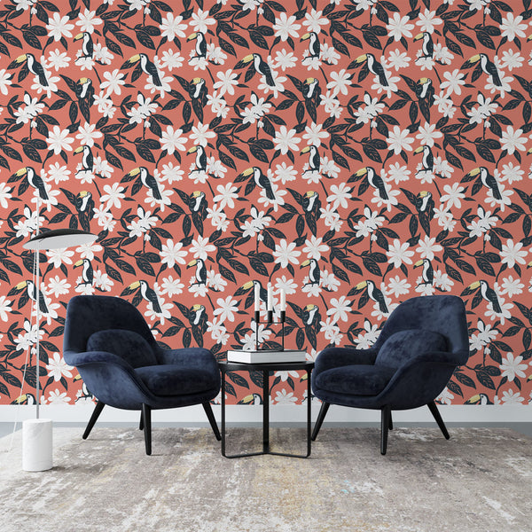 Toucan Wallpaper | White Blooms on a Warm Coral Ground