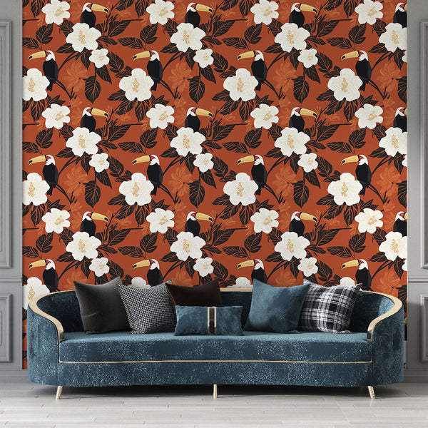 Toucan and Flowers Wallpaper | White Blooms on Terracotta