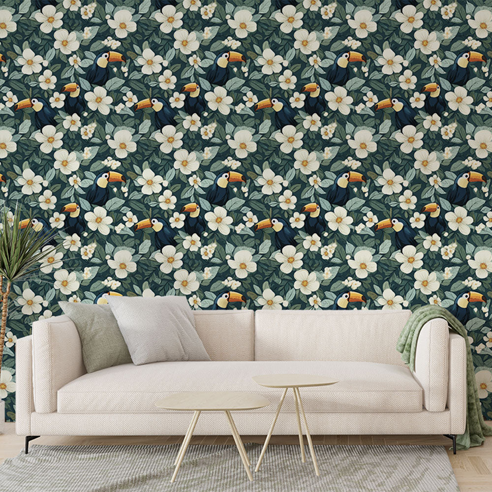 Toucan Wallpaper | Colorful Birds and White Blossoms