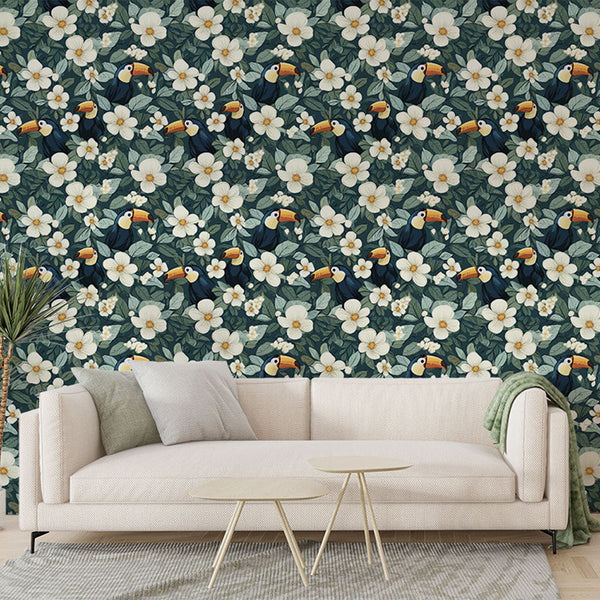 Toucan Wallpaper | Colorful Birds and White Blossoms