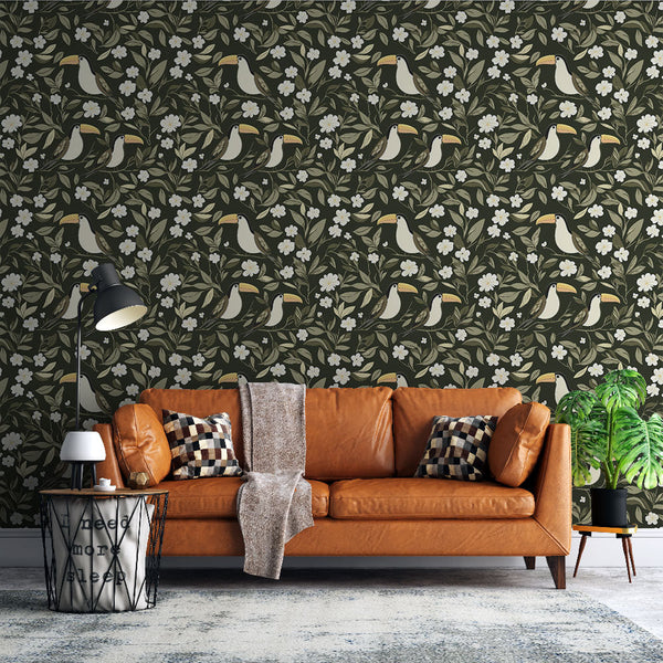 Toucan and Flower Wallpaper | White Blooms on Dark Ground