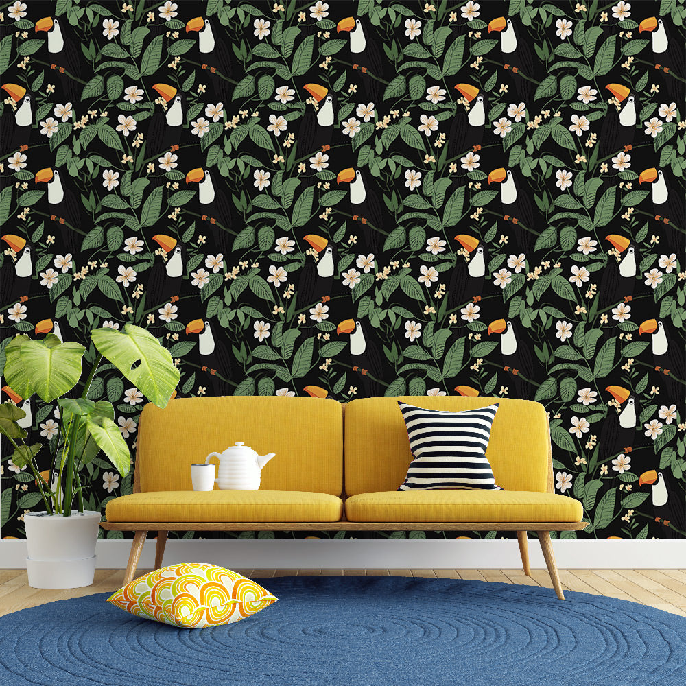 Toucan and Flower Wallpaper | Birds, Foliage and White Blooms