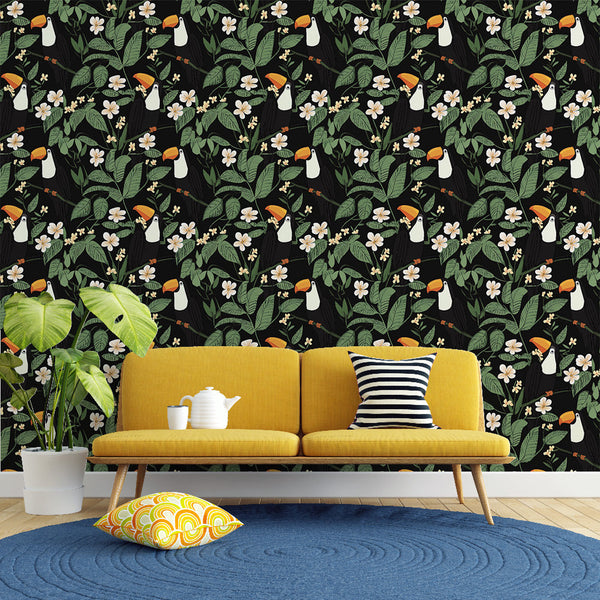 Toucan and Flower Wallpaper | Birds, Foliage and White Blooms