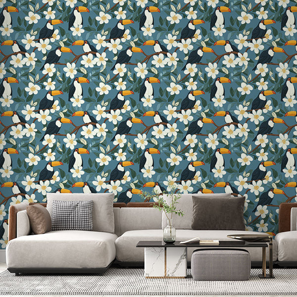 Toucan Wallpaper | Birds and White Flowers on Blue