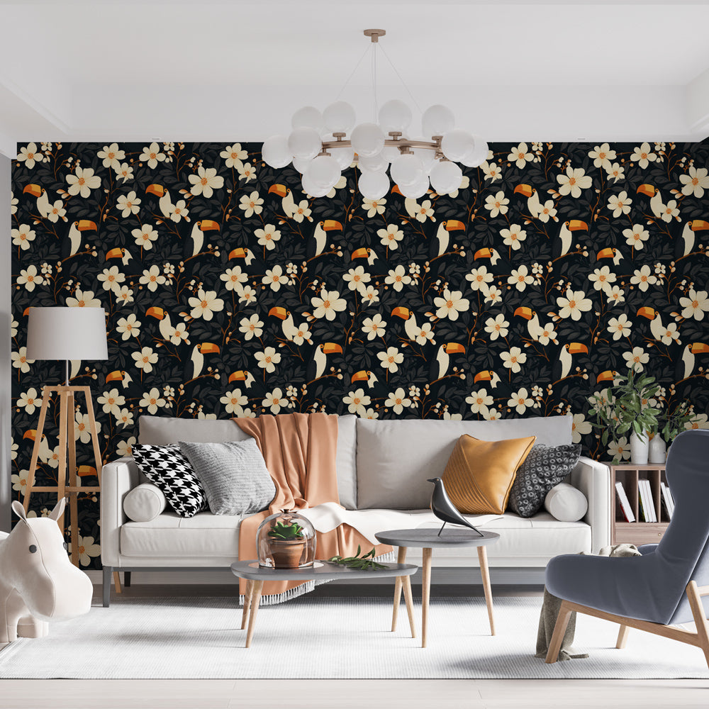 Toucan and Flower Wallpaper | Tropical Birds on Black