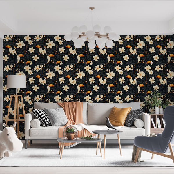 Toucan and Flower Wallpaper | Tropical Birds on Black