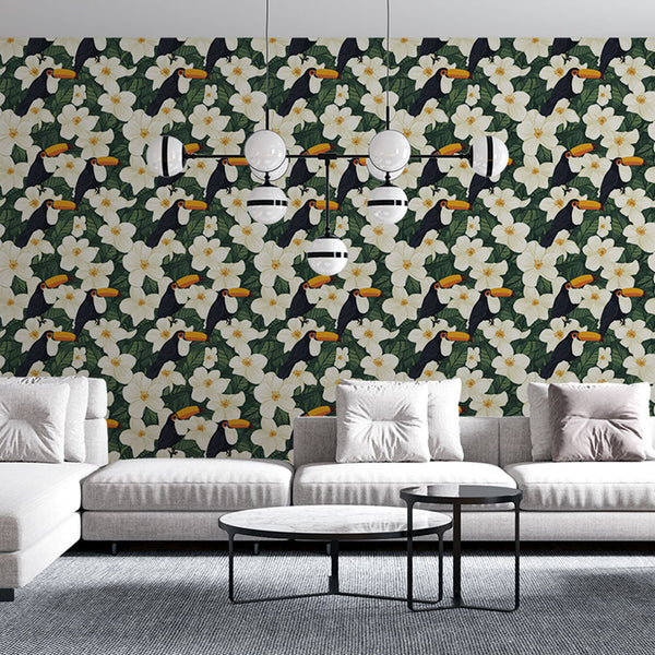 Toucan Wallpaper | Birds and White Flowers on Green