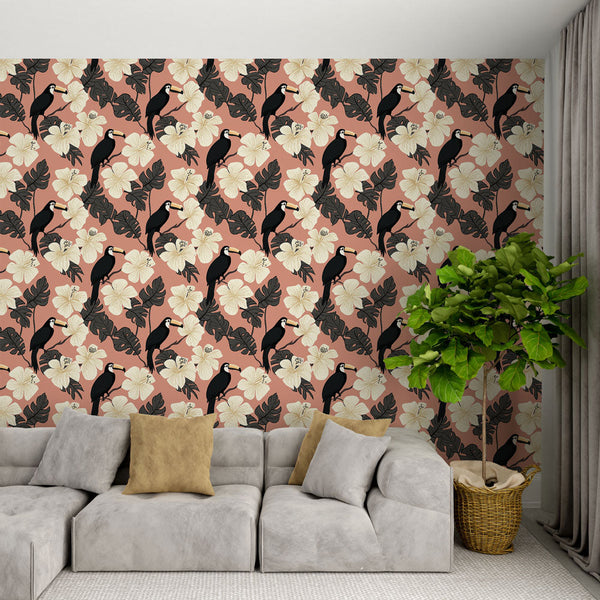 Toucan Wallpaper | Tropical Birds and Flowers on Soft Pink