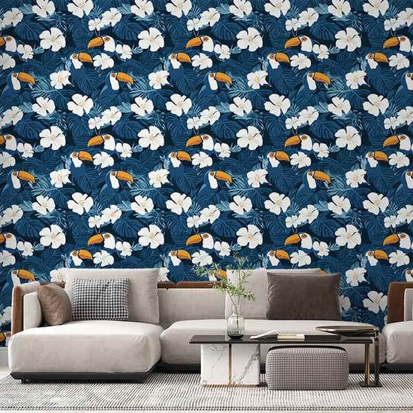 Toucan and Flower Wallpaper | Tropical Birds on Midnight Blue