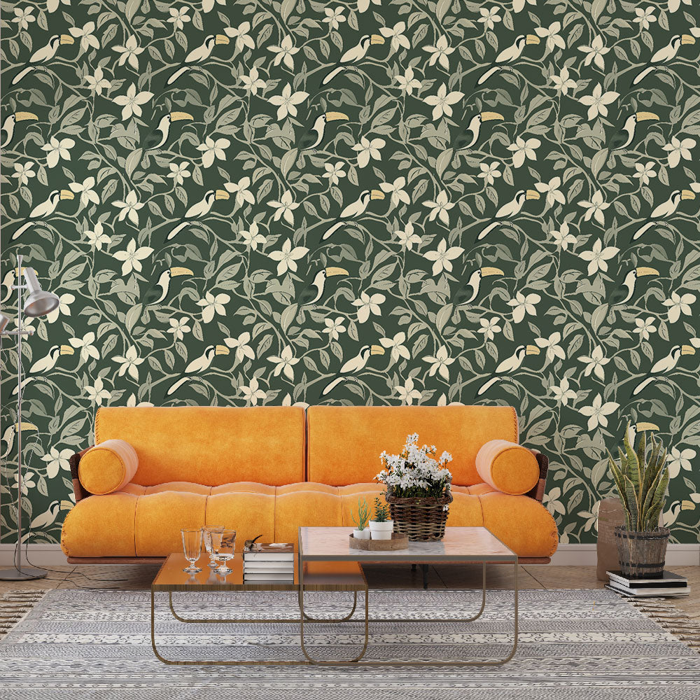 Toucan and Flower Wallpaper | Tropical Print on Deep Green