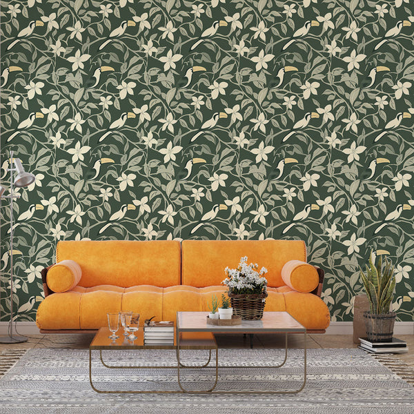 Toucan and Flower Wallpaper | Tropical Print on Deep Green