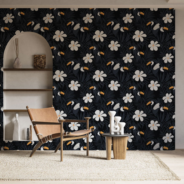 Toucan and Flower Wallpaper | Elegant Tropical Print on Black