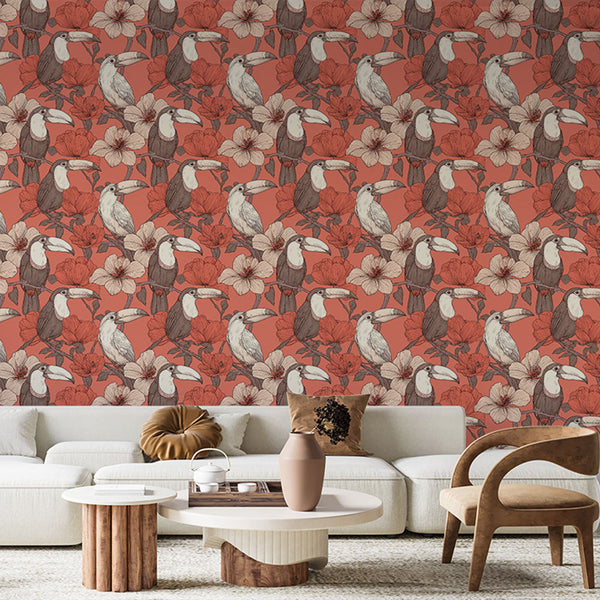 Toucan and Hibiscus Wallpaper | Vibrant Tropical Mural