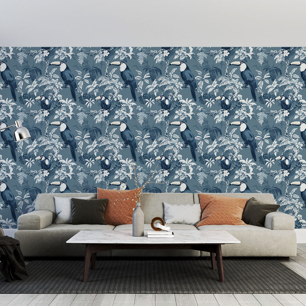 Toucan Wallpaper | Tropical Birds and Leaves on Blue