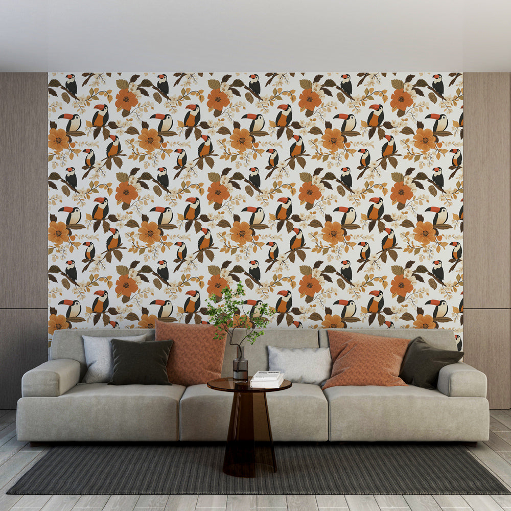 Toucan and Flower Wallpaper | Orange Blooms on a Light Ground