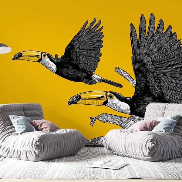 Toucan Wallpaper | Graphic Black and White Birds on Yellow