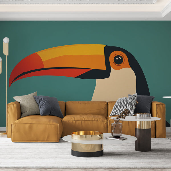 Toucan Wallpaper | Colourful Wall Mural on Turquoise Backdrop