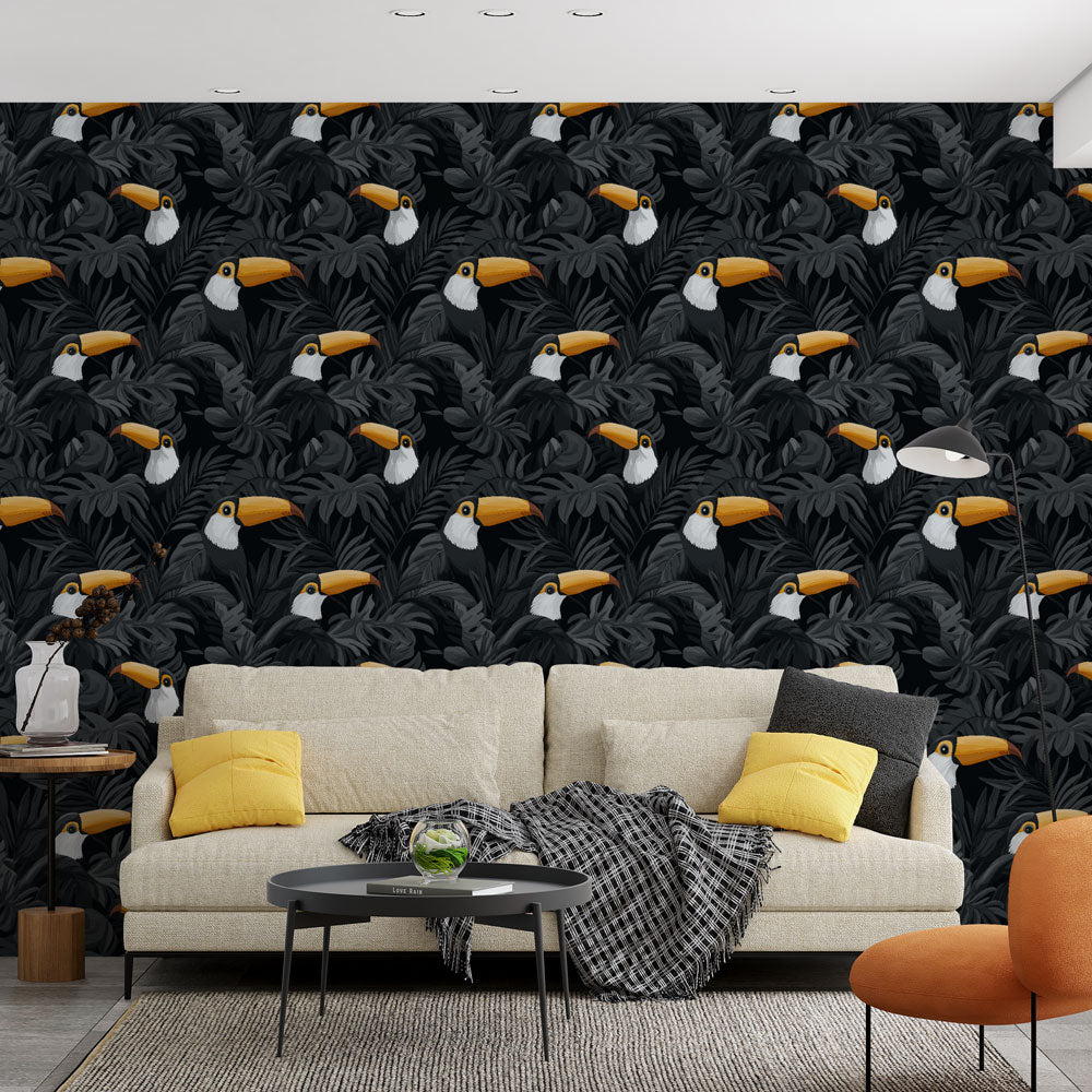 Toucan Wallpaper | Bold Birds and Leaves on Black