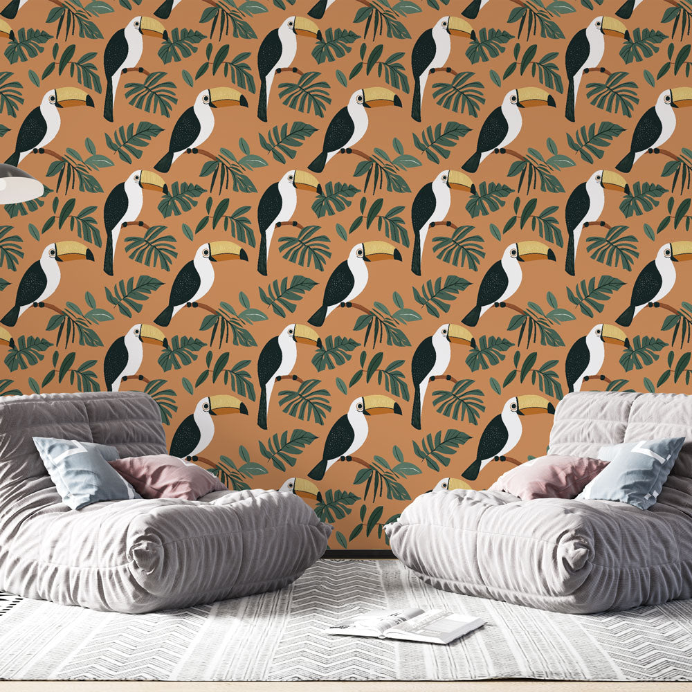 Toucan Wallpaper | Colorful Birds and Leaves on Ochre